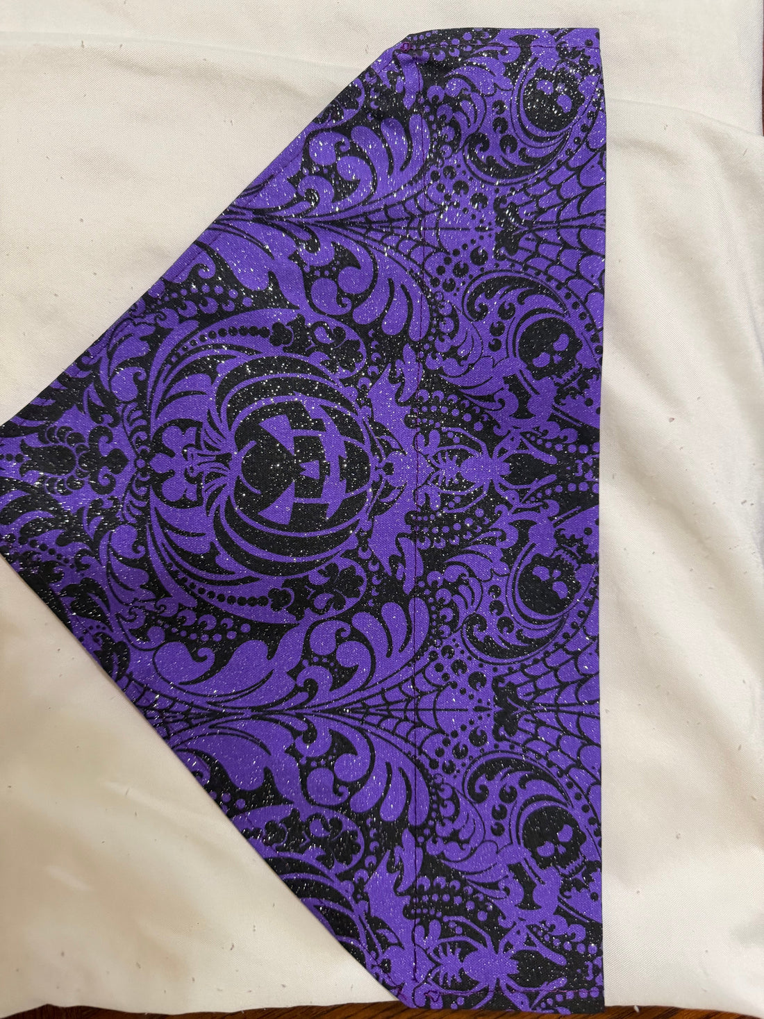 Halloween skull damask pet bandanna in deep purple with black gothic skull pattern