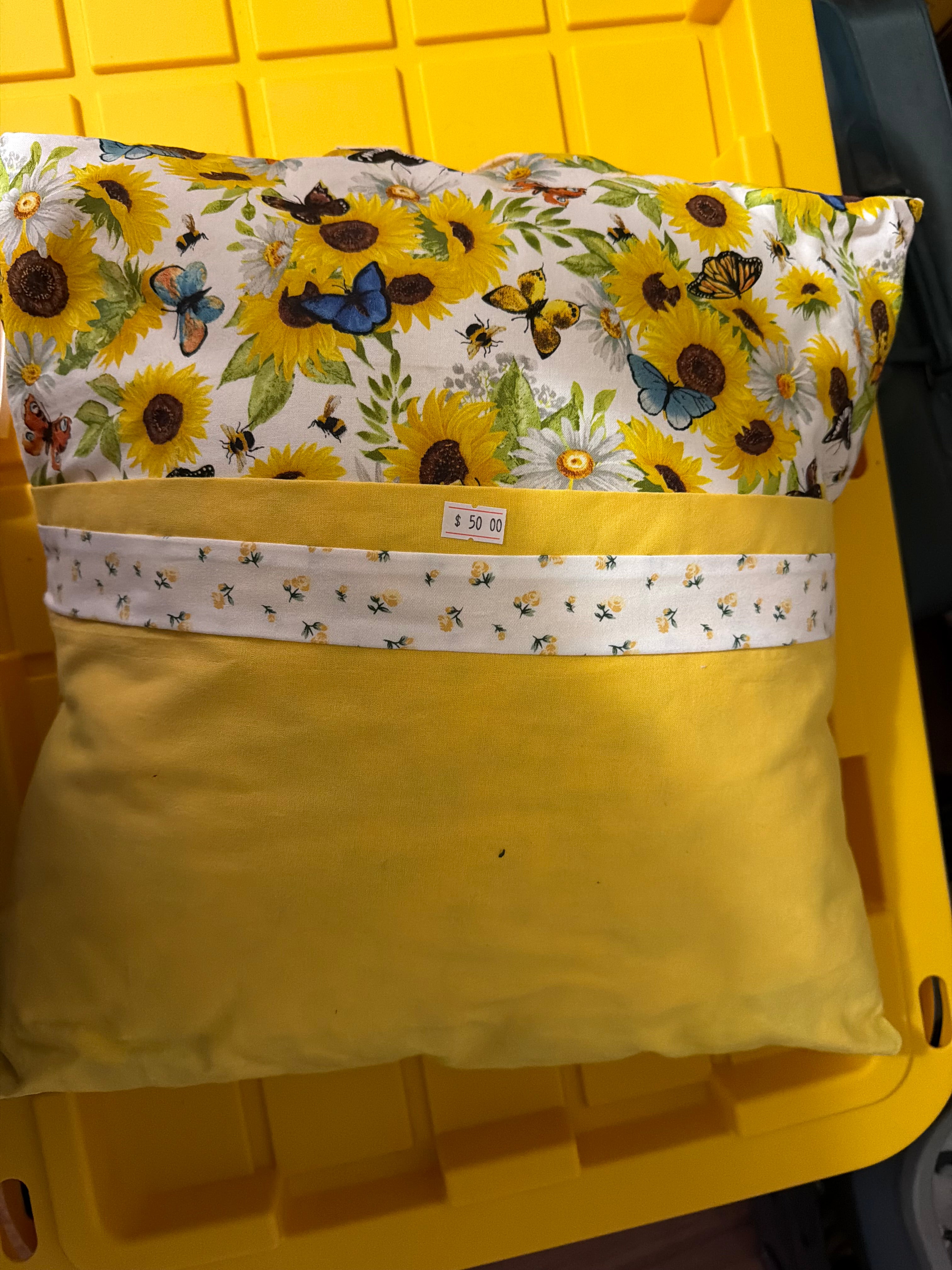 Handcrafted reading pillow with sunflower, butterfly, and bee fabric panel on golden yellow base by KiMi's Kwilts & Krafts