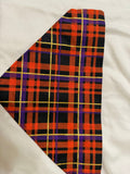 Halloween plaid pet bandanna in black, red, purple and gold metallic tartan fabric