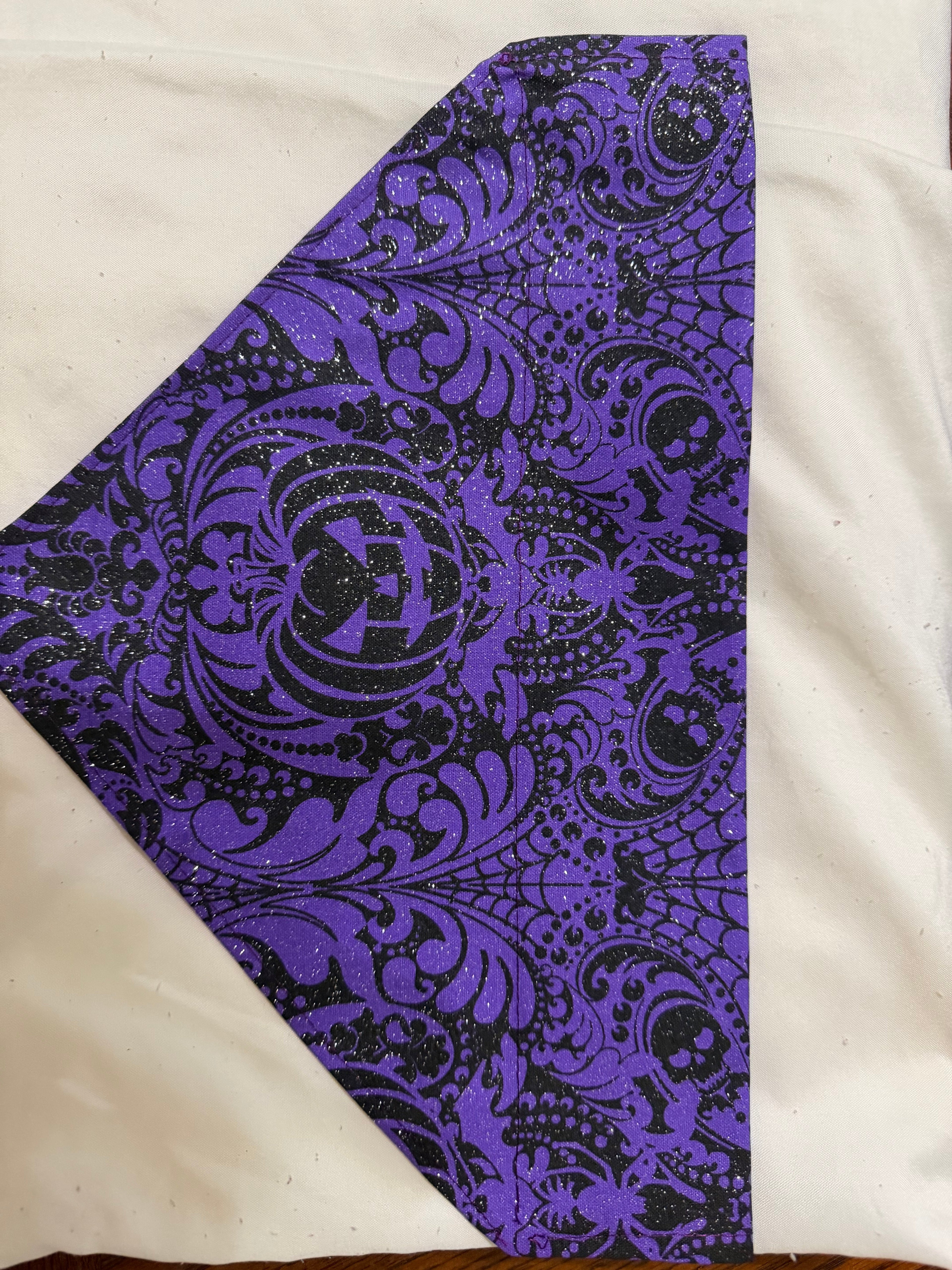 Halloween skull damask pet bandanna in deep purple with black gothic skull pattern
