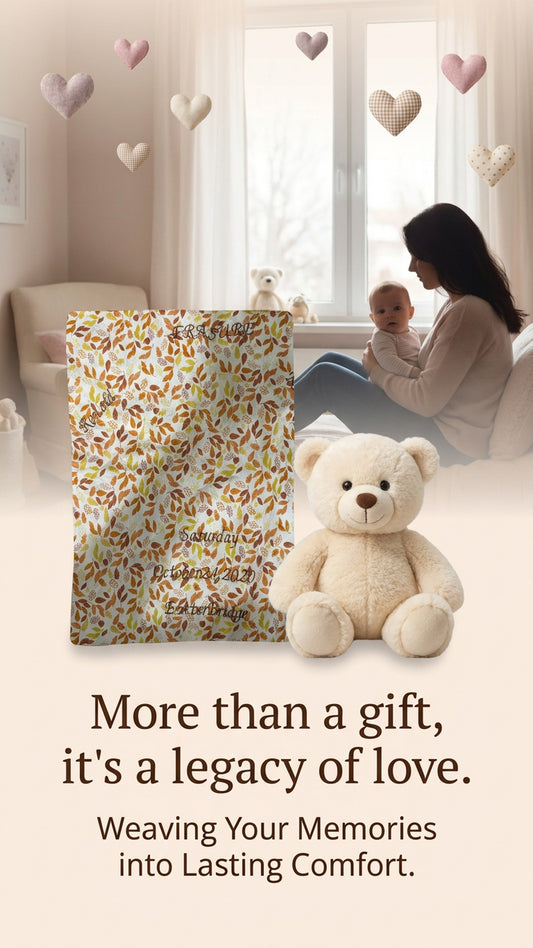 Blanket with teddy bear and woman holding baby in a room with heart decorations.